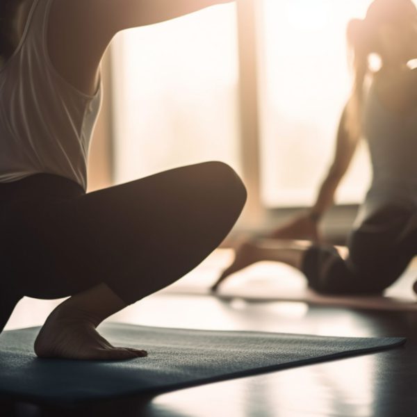 yoga class in a large room with a view of the sun. generative ai.